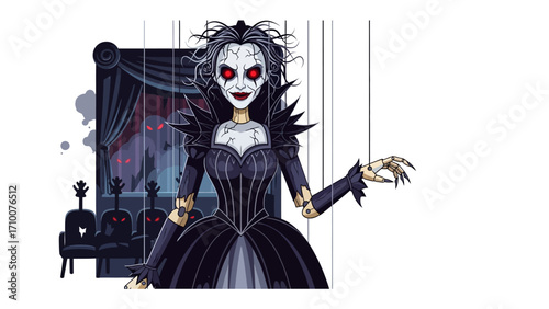 Sinister Specter's Dark Dance: A gothic illustration of a female specter, with an unnerving gaze and menacing presence, poised to cast a shadow over any scene.