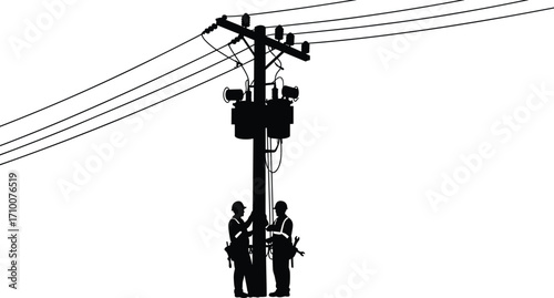 Utility workers silhouette, electrical maintenance, power pole, high voltage lines, safety gear, infrastructure repair, energy supply, teamwork, hazardous job, industrial service