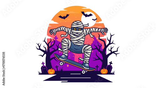 Mummy Skateboarding in Spooky Night: A mummy, wrapped in bandages, fearlessly shreds on a skateboard against a Halloween backdrop.