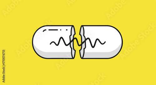 Broken capsule against simple yellow backdrop showcases medication. Broken capsule with black interior is ideal for pharmaceutical use.