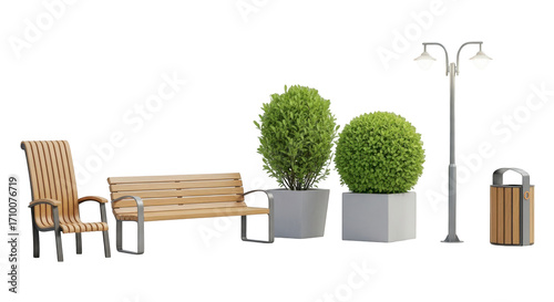 Park furniture isolated on transparent background with bench and street lamp