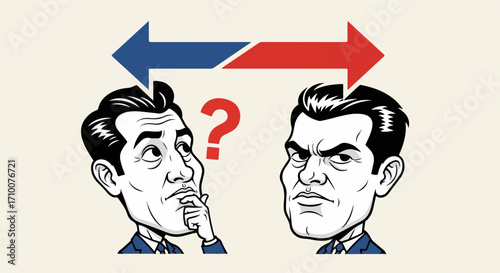 Conflict resolution depicted with two men facing each other and opposing arrows. Conflict resolution requires thoughtful engagement and understanding, symbolized by directional flow.