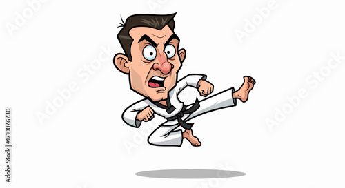 Cartoon character performing karate kick in action. Karate kick shows concentration and agility, white uniform and black belt indicate martial art proficiency.