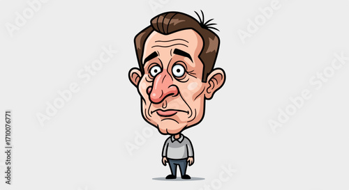 Cartoon character illustration featuring cartoon character with downcast eyes and gloomy expression. Cartoon character design is simple but evocative, showcasing emotional caricature of human face.