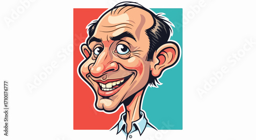Smiling cartoon man with large features and a happy expression. Cartoon man in illustration form shows exaggerated features and detailed linework, expressive emotion, and bright color palette.