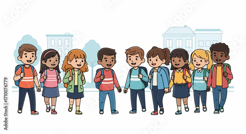 Group of pupils standing together in front of school in cheerful mood. Students gathering includes happy diverse children with backpacks, ready to learn and discover.