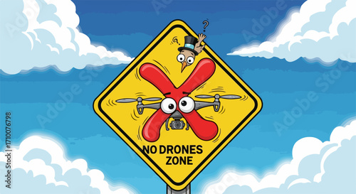 No drone zone depicted with a yellow sign, warning against flying drones in restricted area, and cartoon quadcopter. This no drone zone shows a prohibition of drone use in urban environments,