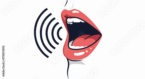 Open mouth shouting, isolated on white backdrop with sound waves. Open mouth details show lips and teeth, signifying expressive communication. Conceptual open mouth shouting,