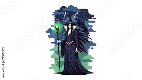 Mysterious Witch in the Storm: An illustration of a formidable witch, cloaked in dark attire and a pointed hat, standing amidst a storm, with a raven perched nearby and wielding a mystical staff.