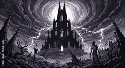 Gothic architecture stands ominously amidst stormy skies and jagged terrain, gothic architecture evokes a sense of foreboding and mystery, gothic architecture,