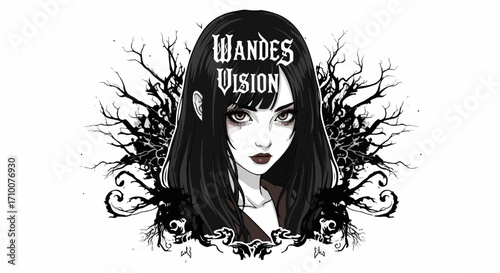 Mysterious woman illustration displays gothic elements and dark imagery, featuring stylized female figure with pale skin and black hair.