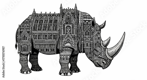 Intricate rhino illustration crafted with architectural details displayed on white background. Rhino artwork includes high contrast, detailed linework,