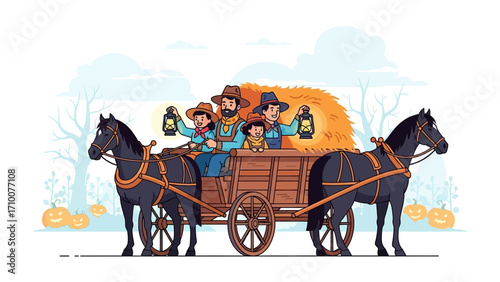 Rural family on Horse-drawn Wagon: Depicting a rural family, riding in a horse-drawn wagon. Each person with lanterns, their faces radiate happiness
