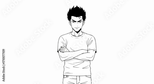 Person with arms crossed expressing confidence and resolve, illustrated as a hand drawn character. This person with arms crossed presents determination.