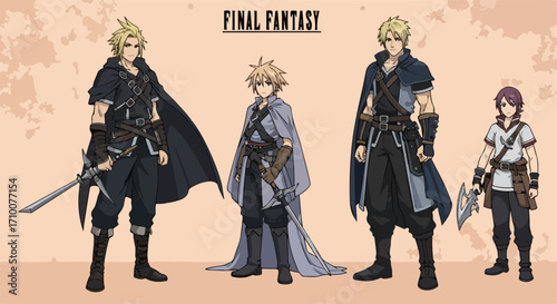 Group of fantasy characters standing on an isolated background. This fantasy illustration features fictional human figures in various outfits, expressing strong aesthetic appeal,