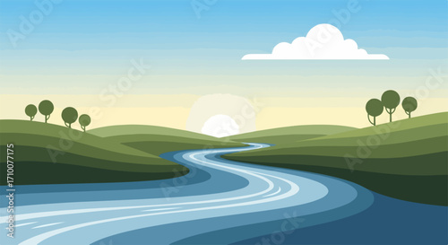 Scenic river landscape shows a winding river with green hills under bright sunlight. River scene includes rolling hills, trees, and sun peeking above skyline, depicting freshness.