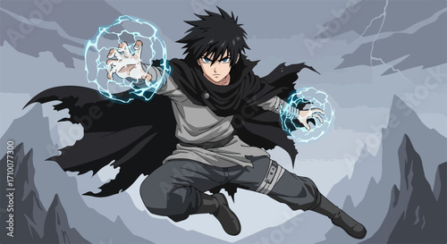 Anime character with electrical orbs, focused and ready for action, poses dramatically against a mountainous backdrop. Anime character shows incredible power in this fantasy illustration.