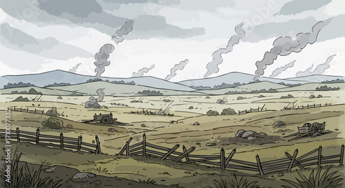 Battle scene illustration displays smoke rising above a battlefield, revealing cannon placements and defensive structures. Battle scene depicts a landscape of conflict.