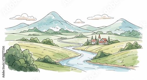 River landscape illustration showcases winding river and distant mountains. River landscape design presents peaceful scenery with idyllic houses near gentle winding waterway.