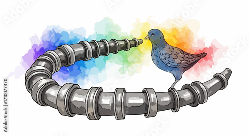 Perched bird, whimsical illustration features a bird perched on a metal pipe. Whimsical concept brings together an unusual bird and industrial form with colorful artistic accents.