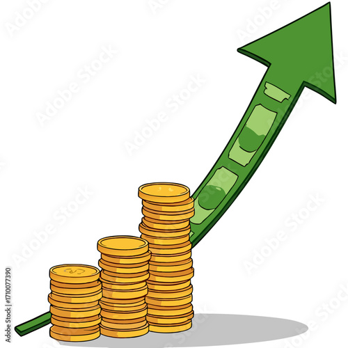 Growth chart with money and coins showing financial increase and investment success and business progress concept