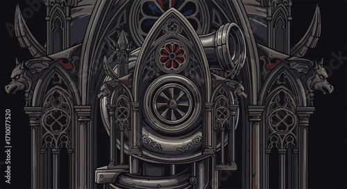 Gothic architecture featuring mechanical elements creating striking mechanical gothic scene. Detailed mechanical gothic components merge art and engineering with gargoyles and spires.