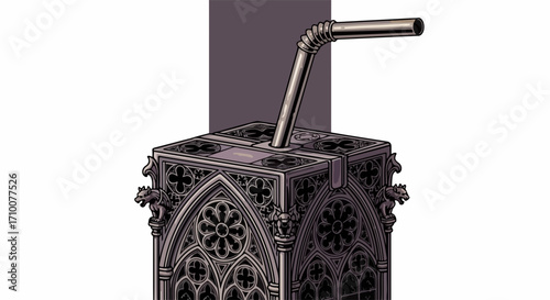 Ornamental juice box with detailed gothic architecture, drink box artfully presented. Elaborate juice box design highlights unique artistic vision, featuring ornamental structure and metallic straw.