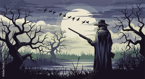 Hunter at dawn with rifle silhouetted against rising sun in tranquil marshlands scenery. Hunter with rifle presents stealth and skill, targeting waterfowl during sunrise. Evokes feelings of peace,