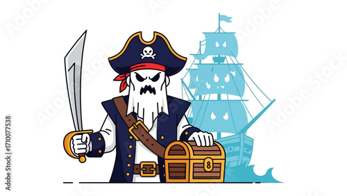Animated Pirate with Treasure: A ghostly pirate stands triumphantly, sword in hand, next to a treasure chest against the silhouette of a pirate ship. Capturing a whimsical pirate theme with treasure.