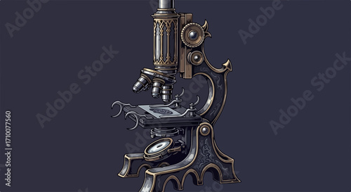 Steampunk microscope detailed ornamentation features intricate mechanical design and elaborate lenses, showcasing "steampunk microscope detailed ornamentation".