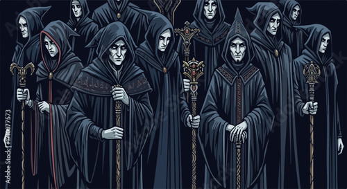Dark cloaked figures, a gathering of ominous figures in the shadows, each holding ornate staffs. Dark cloaked figures stand united, their presence radiating mystery and power.