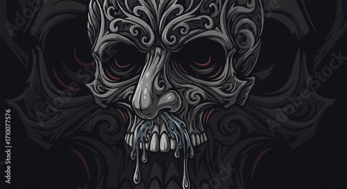 Ornate skull illustration with dripping details on dark backdrop. Detailed skull presents complex swirls and grayscale shades, skull design shows artistic creation, perfect for edgy designs.