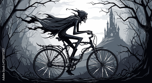 Grim reaper on bicycle in dark fantasy style for macabre mood. Grim reaper is riding bicycle through dark woods with dead trees, adding creepy undertones.