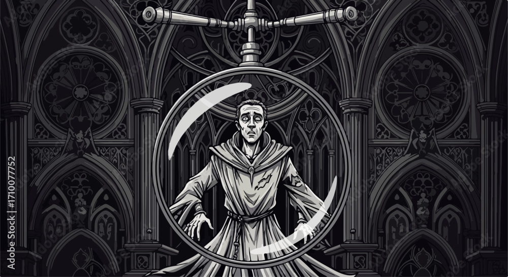 Obraz premium Ethereal monk in bubble, captured within gothic cathedral interior, evoking introspection. Monk in bubble suggests isolation and contemplation,