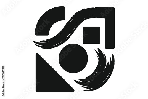 Abstract black shapes and brushes create a modern design in a digital art piece showcasing creativity and simplicity