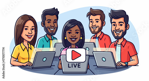 Live stream with diverse group, illustrating a vibrant online meeting among colleagues. Live stream features multiple people on laptops participating in virtual gathering,