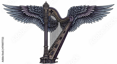 Elegant winged harp depicted against white background. Detailed winged harp instrument exhibits feathery, angelic wings and intricate carvings, offering a surreal and ethereal quality.