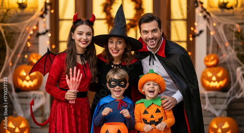 Family in Halloween costumes posing outdoors, illuminated pumpkins background.  Image depicts festive family fun and Halloween spirit.