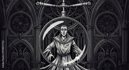 Ethereal monk in bubble, captured within gothic cathedral interior, evoking introspection. Monk in bubble suggests isolation and contemplation,