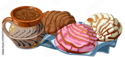 Concha Bread with Champurrado Mug - Traditional Mexican Pan Dulce Sweet Bread and Hot Chocolate Atole Illustration