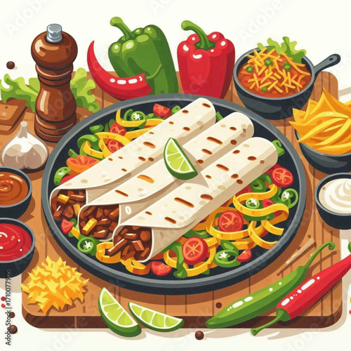 Food still life burritos arranged with peppers sauces and tortilla chips on a wooden board