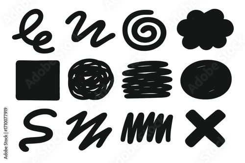 Black abstract shapes and doodles displayed on a white background for creative design inspiration and artistic expression