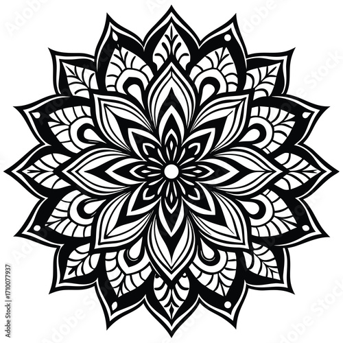 Intricate lotus mandala flower line art design with geometric patterns and floral elements