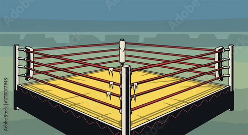 Boxing ring ready for competitors and exciting fights, with a yellow canvas floor and red ropes. Boxing ring promises drama, tension, and moments of unexpected triumph.