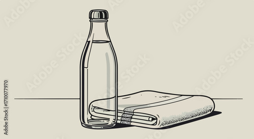 Still life with water bottle and towel on plain surface. Composition includes simple water bottle for minimalist design, and a neatly folded towel for spas.