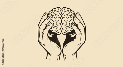 Human brain in hands, a thoughtful concept with simple design for mental health awareness and intellectual growth. Brain illustration in hands emphasizes care and protection for cognitive function.