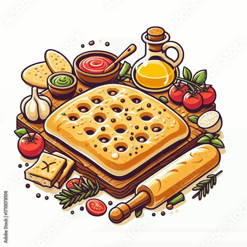 Food setup with focaccia bread sauces olive oil vegetables garlic herbs and a rolling pin on a wooden board