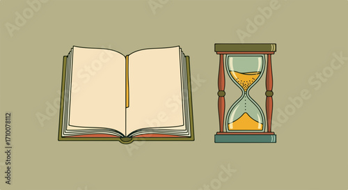 Open book and hourglass represent knowledge and time, symbolizing learning process. Open book with blank pages and time hourglass suggest significance of education and deadline.