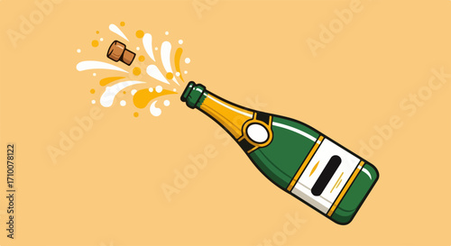Champagne bottle celebration with cork popping and liquid splash. Champagne bottle celebration presents exciting moment, bubbly alcohol sparkling in air.
