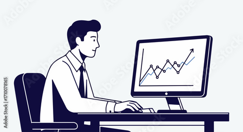 Analyst job at computer with business charts representing financial growth, business charts indicate positive trends. Analyst job using computer is crucial for financial analysis in investments.